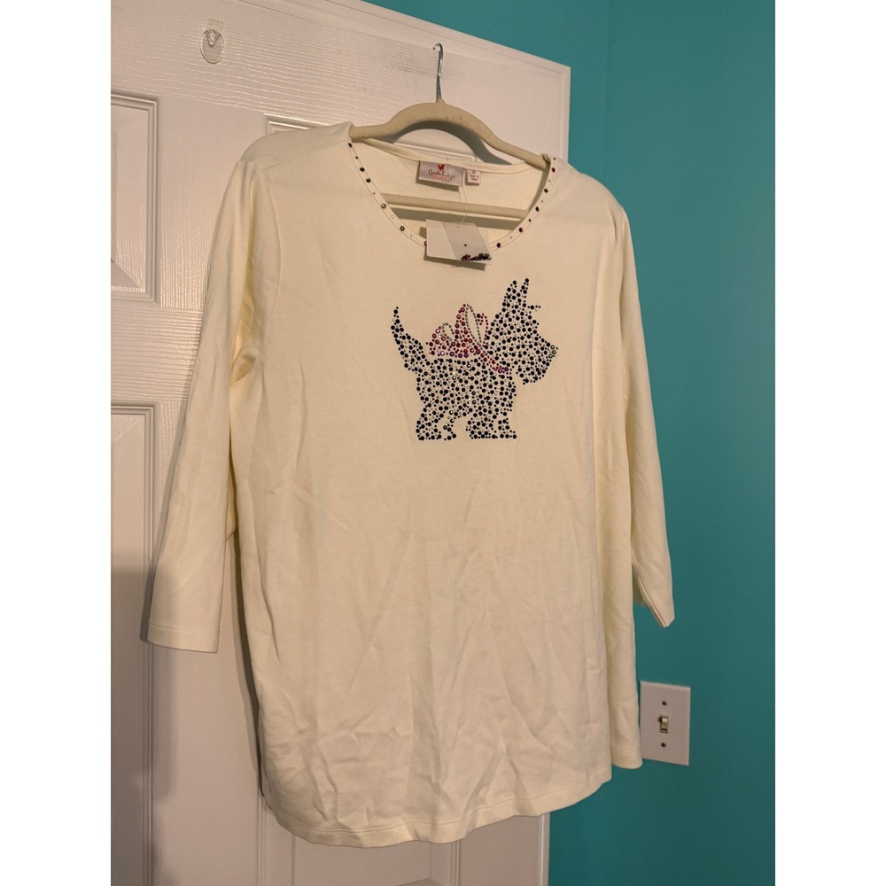 Quacker Factory Jeanne Bice Scottie Dog Rhinestone Cream Cotton Top 1X New